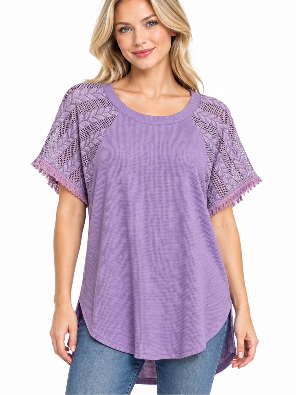 Umgee NWT Size Medium Lavender Lace-Detail Women's Top - Short Sleeve
